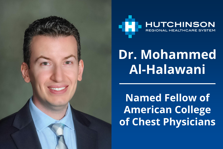 Portrait of Dr. Mohammed Al-Halawani, Pulmonologist at Hutchinson Regional Healthcare System, on the left half of the image, with a dark to blue vertical gradient on the right side of the image with text overlaying.