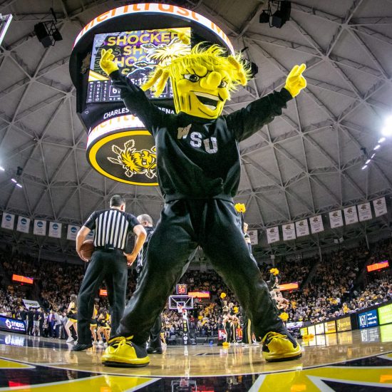 Feb 6, 2020; Wichita, Kansas, USA; Wichita State Shockers mascot WuShock pumps up the crowd during the second half against the Cincinnati Bearcats at Charles Koch Arena. Mandatory Credit: William Purnell-USA TODAY Sports